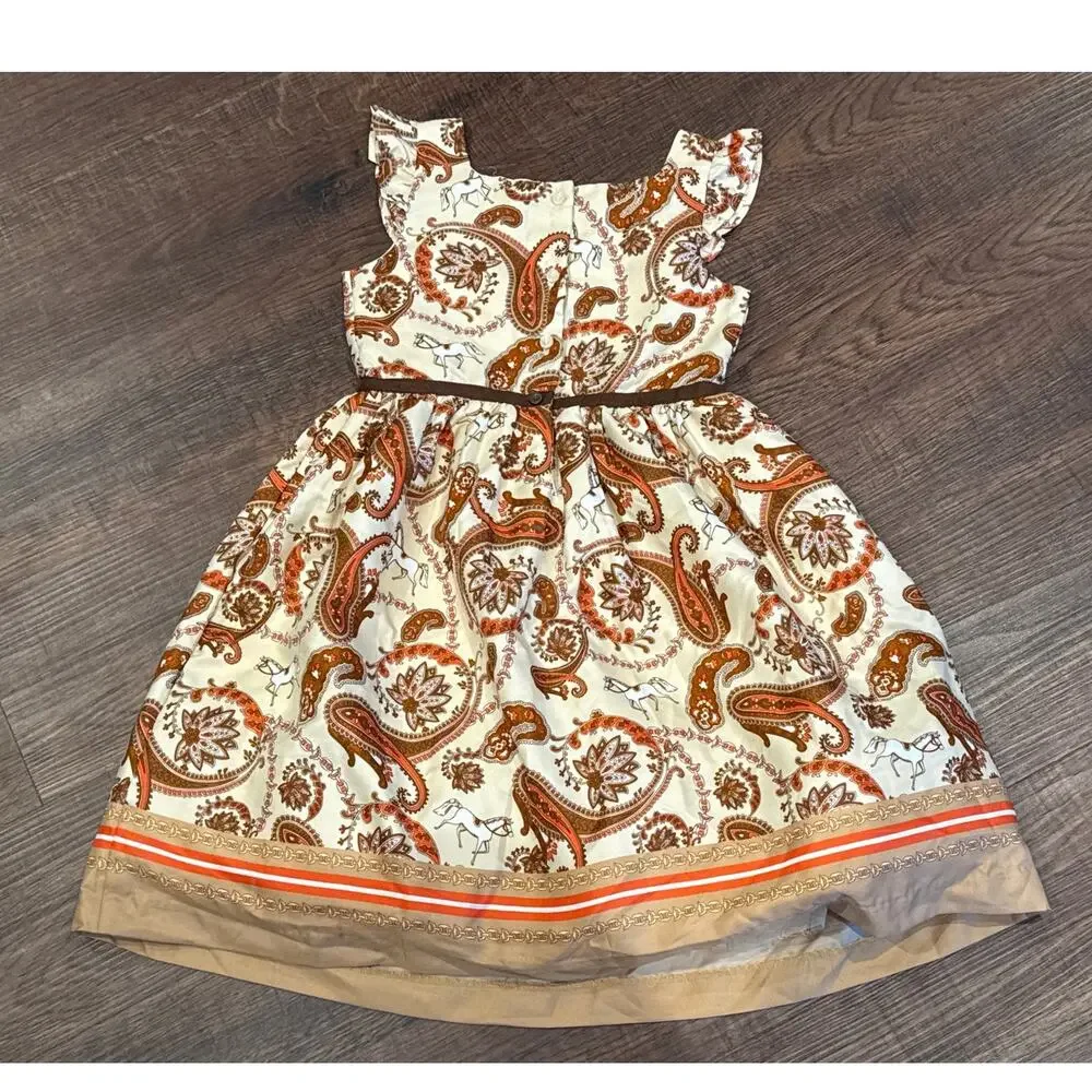 Janie and Jack Sleeveless Equestrian Paisley Brown Horse Tulle Dress Girls 5